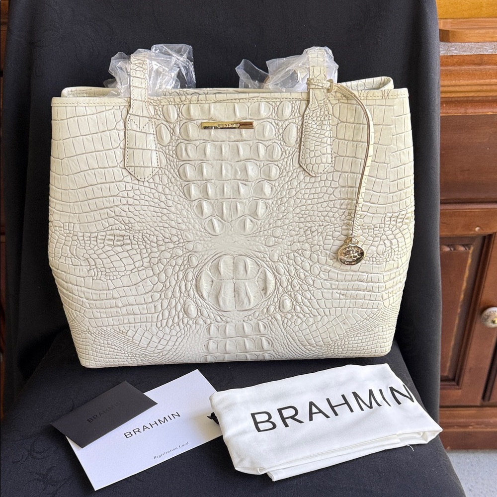 New Brahmin Ivory Croc-Embossed Tote